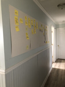 yellow post its on white poster boards on the left side of a long, wainscoted hallway