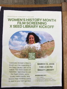 Poster announcing the film screening and seed library kick off. 